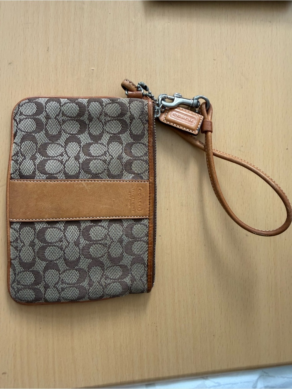Coach Brown Signature Canvas Wristlet with Leather Trim